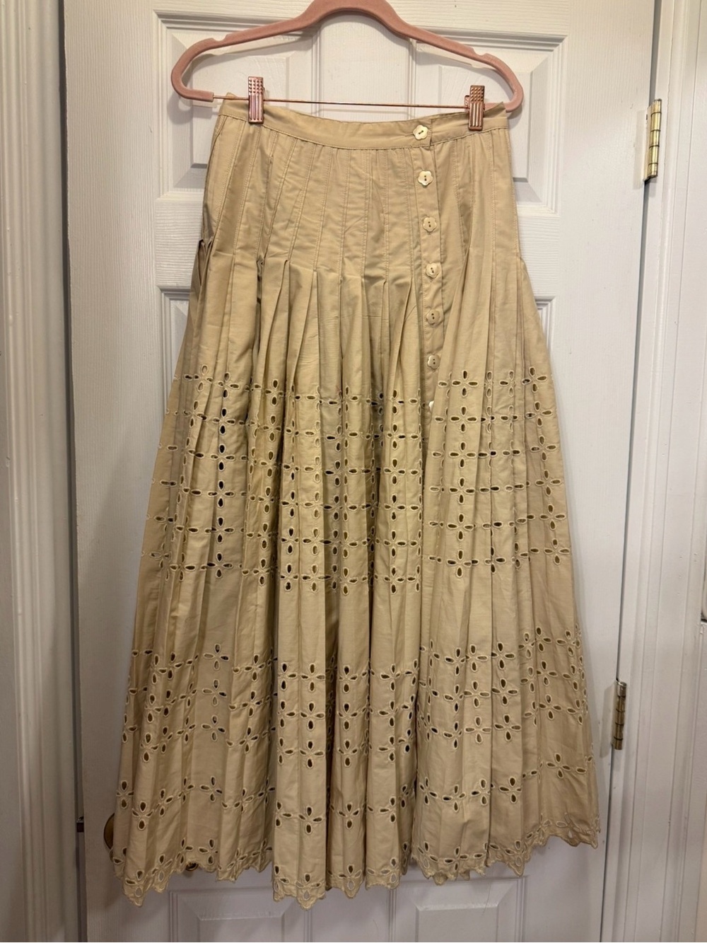 Loeffler Randall Beige Eyelet Midi Skirt with Button Front emlyn embroidered